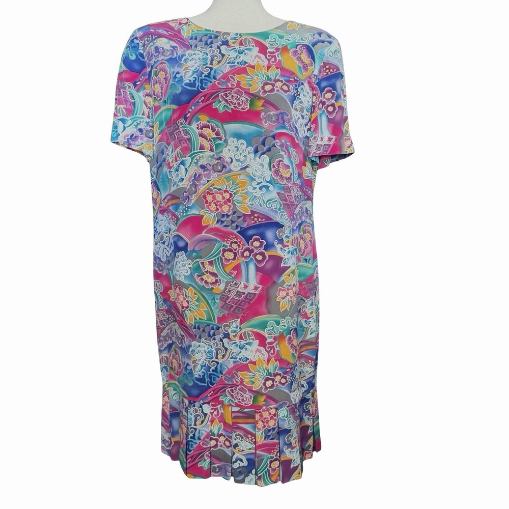 Vintage Liz Claiborne 100% Silk Asian Floral Dress Sz 10•Chic Granny Drop-waist